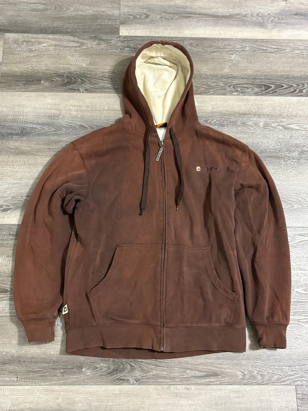 AND1 Brown Sunfaded Fleece Lined Heavyweight Zip Up Hoodie Retro - Men’s Large